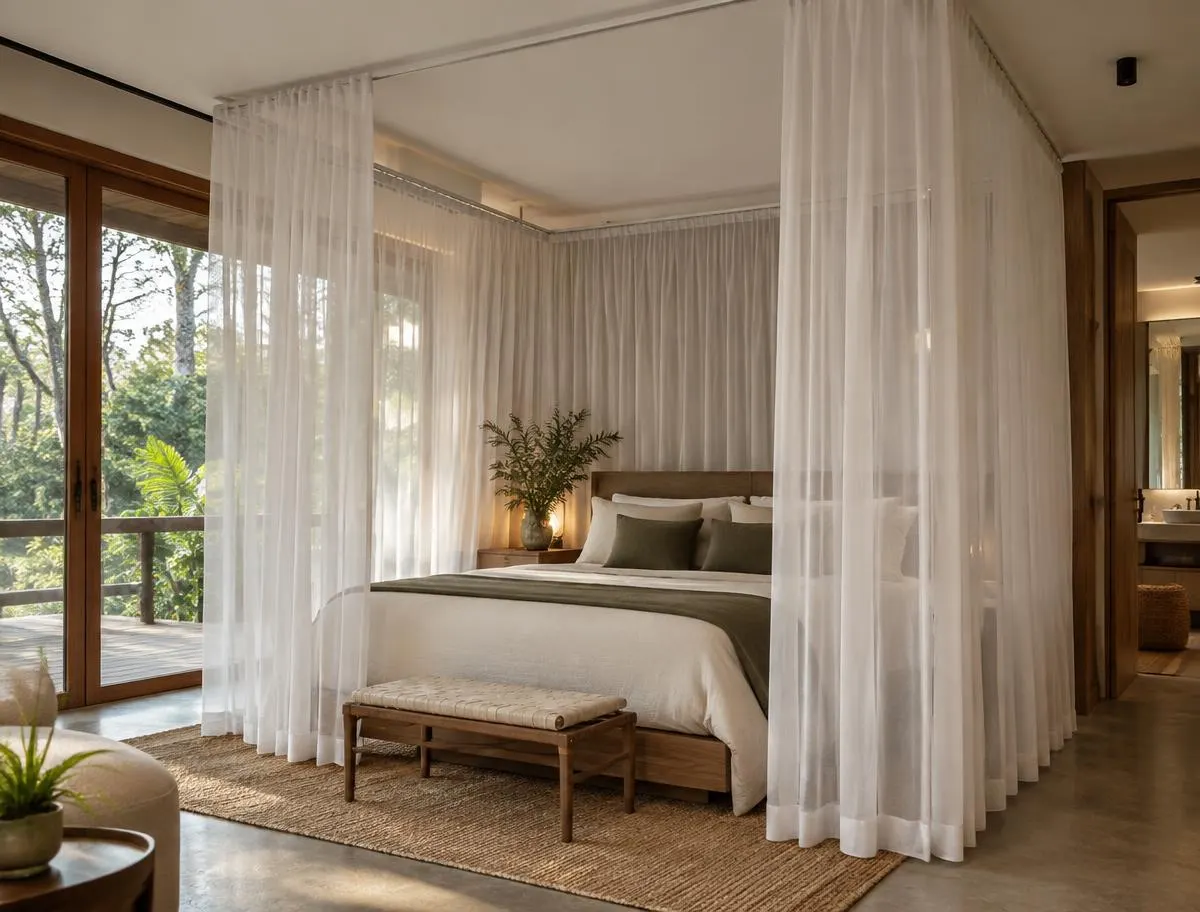 Rail-mounted mosquito net surrounding a modern bed